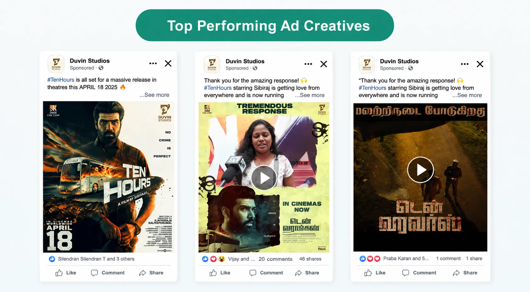Top performing Ten Hours ad creatives as they appeared as Facebook and YouTube posts